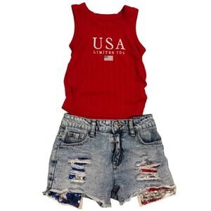 Limited Too Girls Red USA Ribbed Tank and Distressed Sequin Denim Shorts Set 8